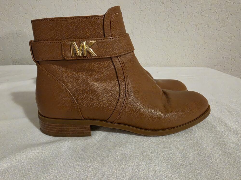 Michael Kors MK Brown Ankle Boots Womens 10M Gold Logo Zip Buckle Booties